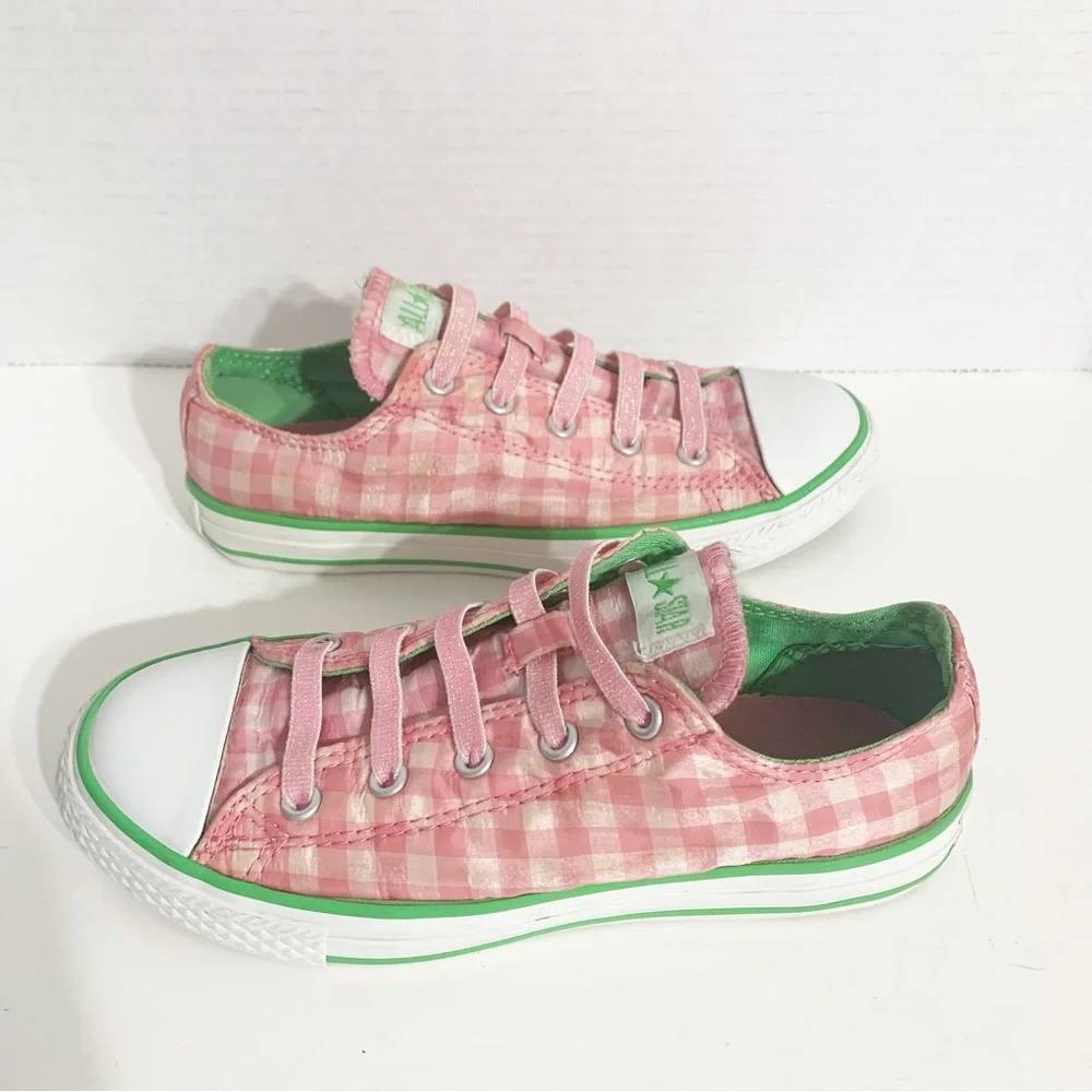 Converse All Star Low Profile Pink & Green Plaid Lace Up Textile Sneakers 🩷💚